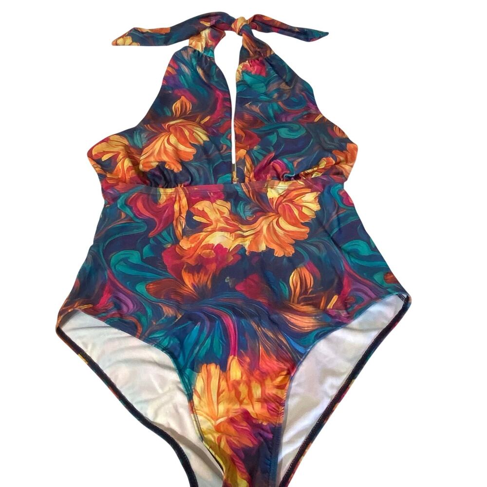 Xpluswear Abstract Marble Swimsuit – Magenta Blue Orange Print L NWT